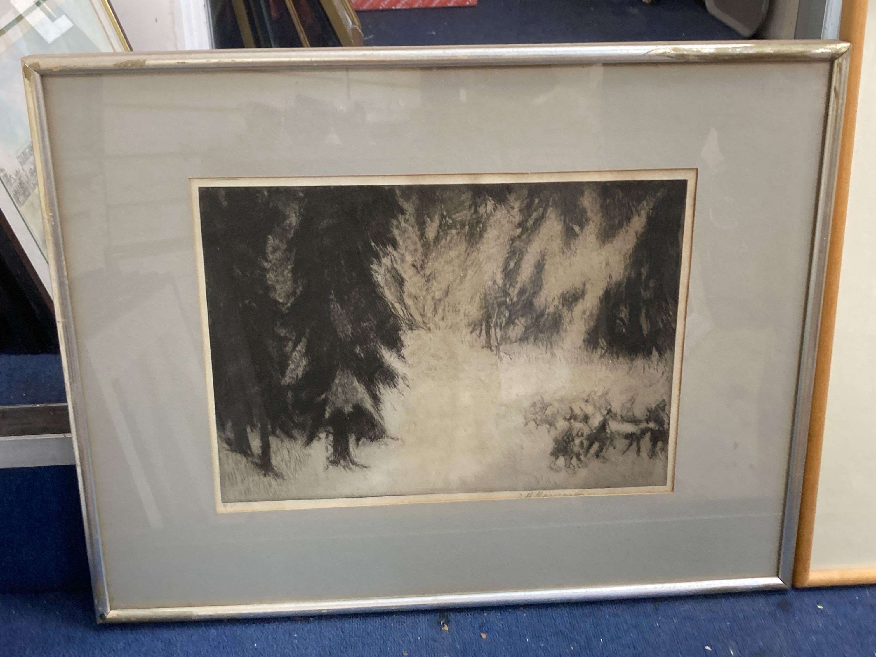 Modern British, two etchings, ‘Winter Trail’ & 'Returning Home', indistinctly signed, 30 x 41cm.